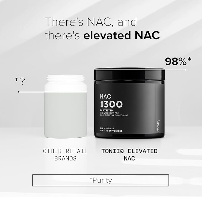 Toniiq 1300mg NAC - 4 Month Supply - Min. 98%+ Tested Purity - Ultra High Strength Bioavailable NAC Cysteine Supplement - 240 Vegetarian N Acetyl Cysteine Capsules -Lab Tested TQ