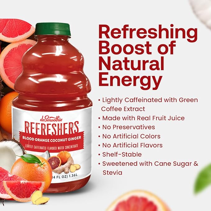Dr. Smoothie Refreshers Blood Orange Coconut Ginger – Made with Real Fruit Juice – Drink Concentrate, No Artificial Colors, Shelf-Stable – Lightly Caffeinated with Green Coffee Extract (46 oz Bottle)