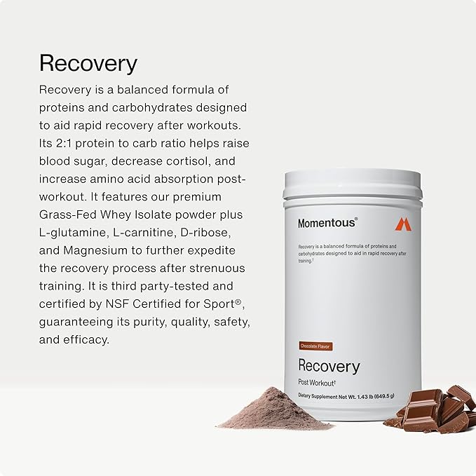 Momentous Recovery Grass-Fed Whey Protein Powder - 20 g Post-Workout Whey Isolate Protein - NSF Certified for Sport - Gluten-Free - 15 Servings - Chocolate - Package May Vary