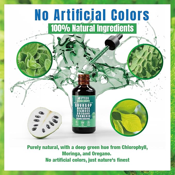 Soursop Pure Liquid Drops 10 in 1 with Sea Moss, Moringa, Turmeric, Black Seed Oil, Oregano, Ashwagandha | Herbal extracts for Overall Health-Enhancing | Vegan, Non-GMO | 4 Fl Oz