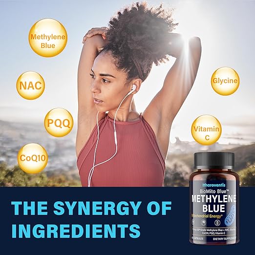 Methylene Blue Pharmaceutical Grade Capsules – USP Grade Brain Supplement with CoQ10, NAC, PQQ, Glycine & Vitamin C for Memory, Focus, Energy & Mitochondrial, No Formaldehyde - 120 Count