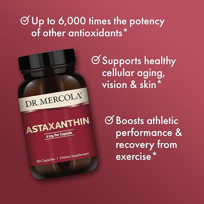 Dr. Mercola Organic Astaxanthin - 4 mg Astaxanthin - Powerful Antioxidant Support - Organic Microalgae Extract - Non-GMO, Gluten-Free & Soy-Free - 90 Capsules (90 Servings)