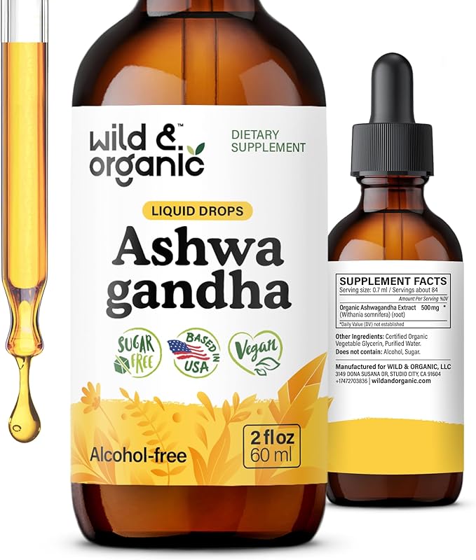 Wild & Organic Ashwagandha Liquid Drops - Calming Ashwagandha Root Extract for Relaxation - 1-Month Supply - Herbal Supplements for Women and Men - Vegan, Sugar & Alcohol-Free Tincture - 2 fl oz