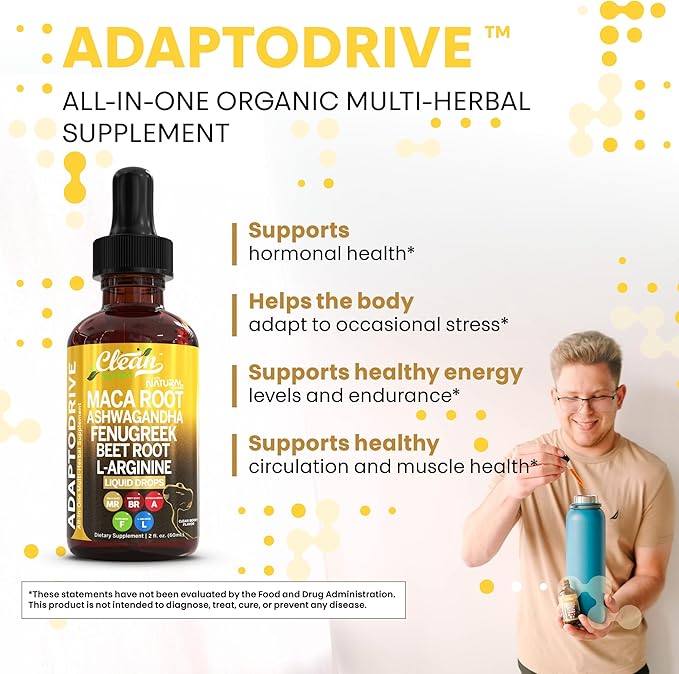 Clean Nutra Organic Maca Root Liquid Drops with Ashwagandha, Fenugreek, Beet Root and L-Arginine Liquid Multivitamin for Women and Men - Adapto Drive