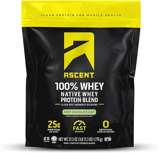 Ascent 100% Whey Protein Powder - Post Workout Whey Protein Isolate, Zero Artificial Flavors & Sweeteners, Gluten Free, 5.5g BCAA, 2.6g Leucine, Military Exclusive, Mint Chocolate Chip 1.7 lb
