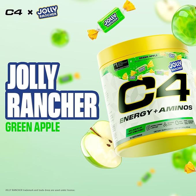 Cellucor C4 Energy + Aminos Powder | Jolly Rancher Green Apple | 5g BCAAs & EAAs for Muscle Recovery, 3 Electrolytes for Hydration, 100mg Natural Caffeine | Pre Workout | Zero Sugar, 30 Servings