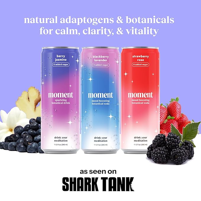 Moment Botanical Soda Soft Drink (Shark Tank) - SPARKLING Drinks | Berry Blast | L-Theanine & Ashwagandha for Calm & Clarity | 0 Added Sugar 0 Caffeine | 12-pack