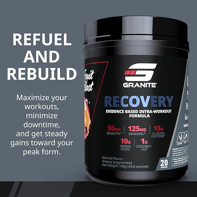 Granite Nutrition Recovery - Premium Intra-Workout Drink with EAAs, Cluster Dextrin, Sensoril & Senactiv for Athletic Performance and Lean Muscle Gains - Fruit Blast (30 Servings)