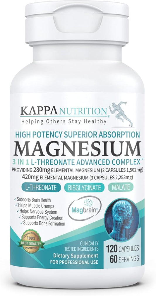Kappa Nutrition Magbrain™ Magnesium L-Threonate Plant-Based, 420mg Elemental Magnesium (3 Capsules) from 2,253mg, 120 Vegan Capsules, Brain, Sleep & Muscle Support.