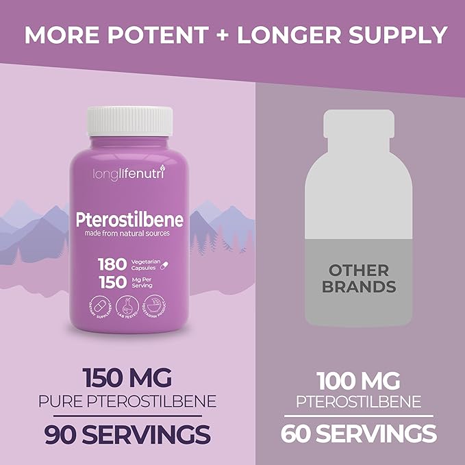 Pterostilbene Supplement 150mg, Elevate Cellular Energy, 180 Vegan Capsules, 3 Month Supply, Pure Organic Pterostilbene Extract, Made in USA, Non GMO, Clean Label, Easy Swallow Antioxidant Support