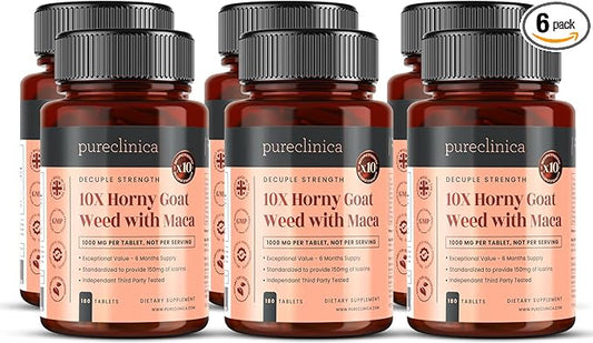 pureclinica 10X Horny Goat Weed Extract (3750mg) Maca Extract (2500mg) x 1080 Tablets (6 Bottles of 180) -10 X More Icariins and Maca