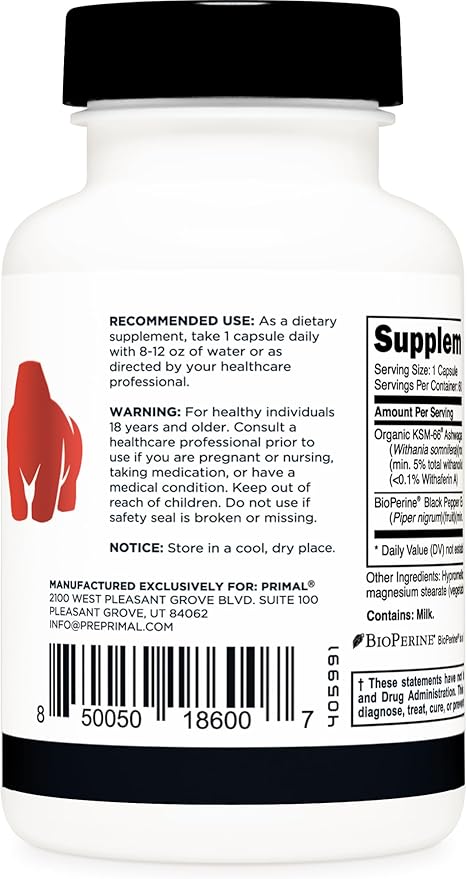 Primal KSM-66 Ashwagandha Complex (60 Capsules / 60 Servings, 600 mg Per Serving) - KSM-66 Ashwagandha with Black Pepper Extract, Gluten Free, Non-GMO