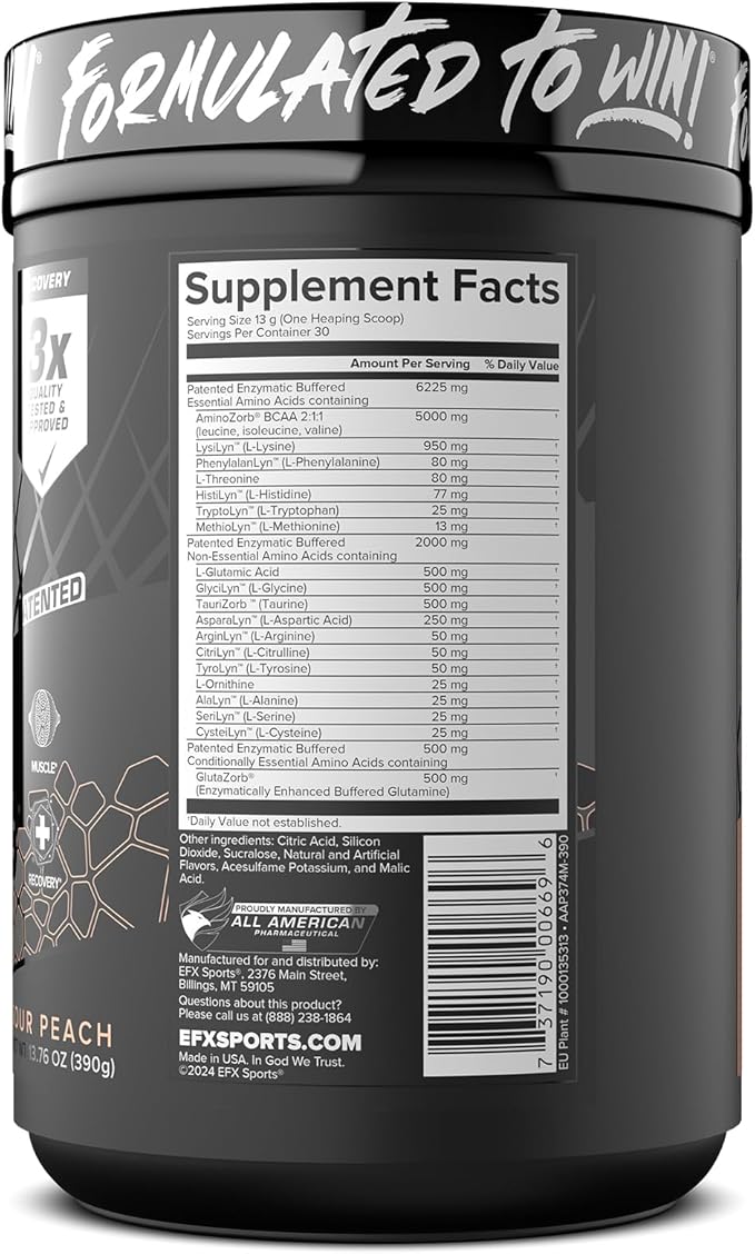 EFX Sports Aminozorb Elite 21 | PH-Correct, Full Spectrum Aminos + Glutamine | Essential & Non Essential Aminos | Zero Sugars | 30 Servings (Sour Peach)