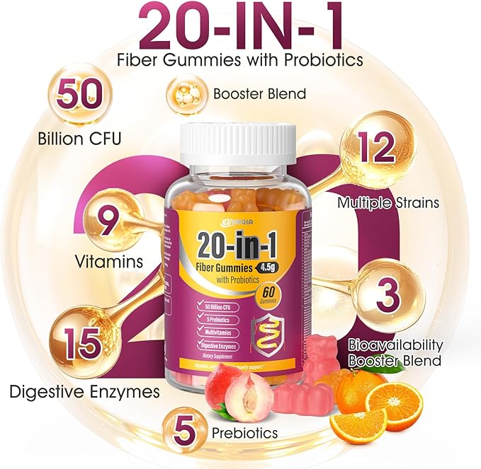 Fiber Supplement 20-in-1, 50 Billion CFU Probiotic Supplement, Fiber Gummies for Adults, Support for Gut & Digestive Health, 60-Count, Orange