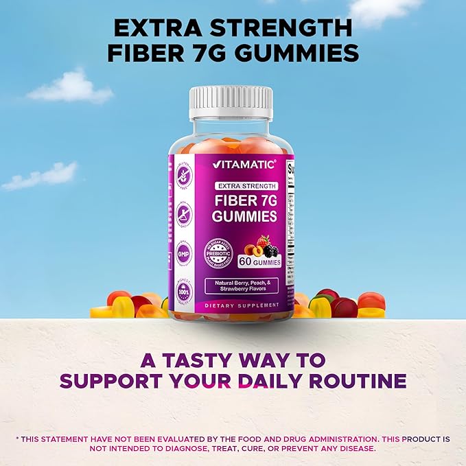 Vitamatic Prebiotic Fiber Gummies for Adults – 2 Pack (Total 120 Gummies) 7g Fiber per Serving | Extra Strength | Zero Sugar Added | Pectin-Based | Digestive Health & Regularity Support