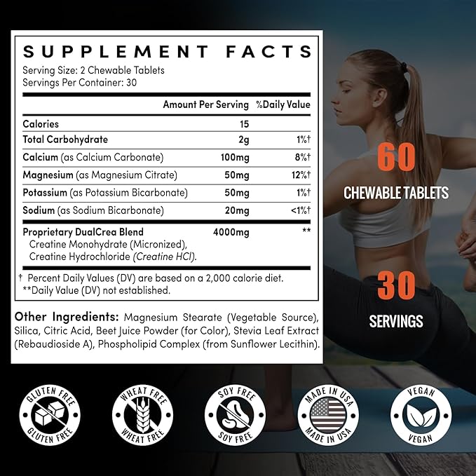 Creatine Chews Tablets for Men & Women, Creatine Monohydrate, 99% Absorption with Liposomal & Micronized, 60 Servings