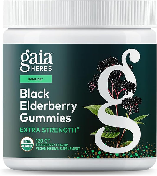 Gaia Herbs Black Elderberry (Sambucus Nigra) Extra Strength Gummies - Delicious Immune Support Supplement - Made with Certified Organic Black Elderberries for Immune System Support - 120 Gummies