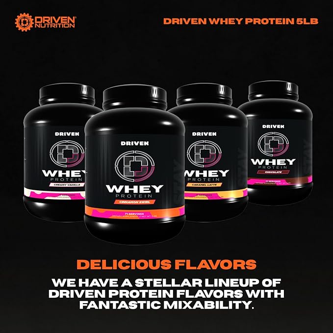 Driven WHEY- Grass Fed Whey Protein Powder: Delicious, Clean Protein Shake- Improve Muscle Recovery with 23 Grams of Protein with Added BCAA and Digestive Enzymes (5 lb, Cinnamon Roll)
