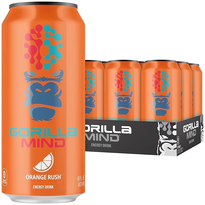Gorilla Mind Energy Drink | Unmatched Energy · Amplified Focus | N-Acetyl-L-Tyrosine, Alpha-GPC, 200mg Caffeine, Uridine, Saffron | 0 Sugar Or Artificial Colors | 16oz, 12-Pack (Orange Rush)