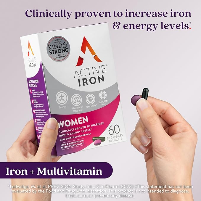Iron Supplement 25mg + Multivitamin for Women – Clinically Proven to Increase Energy & Reduce Tiredness – Gentle, Non-Constipating Iron + Women’s Multivitamin – 30 Capsules + 30 Tablets