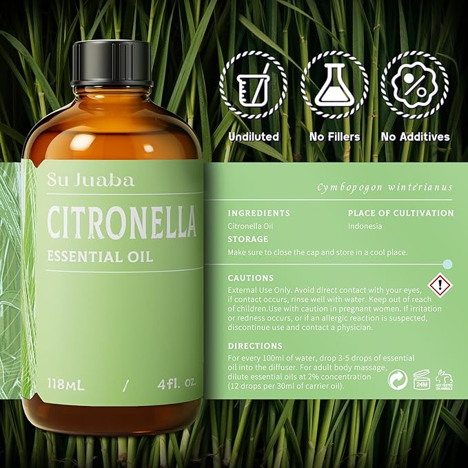 SU JUABA Citronella Oil 4 Fl Oz, 100% Pure Natural Aromatherapy Oil for Diffuser, Massage, Hair & Skin Care - 118ML