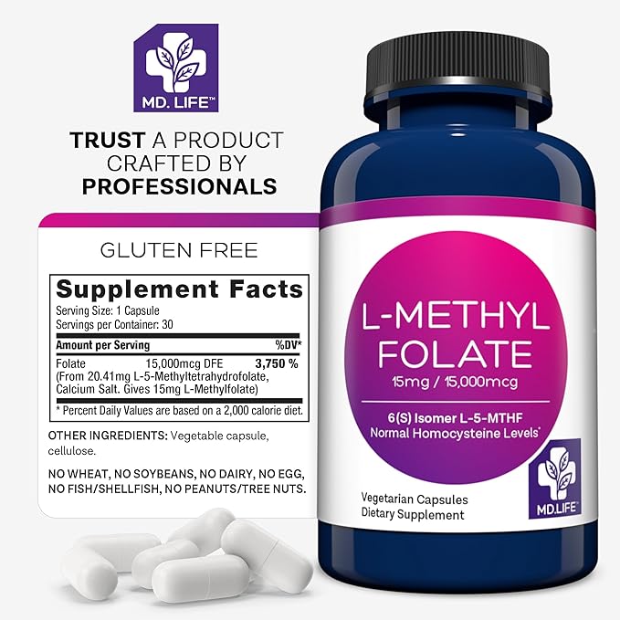 MD Life L-Methylfolate 15 mg Supplement - Professional-Grade Active L Methylfolate Supplement - 30 Capsules - L-Methylfolate 15mg - Maximum Potency MTHFR W/Essential Amino Acids