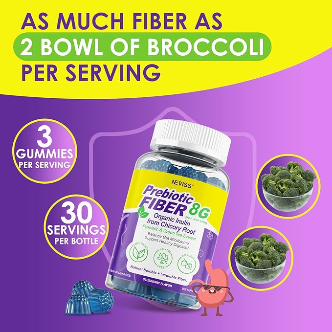 Fiber Gummies for Adults 8g (Inulin, Psyllium Husk, FOS More) with Probiotics, Green Tea Extract, Sugar Free Plant Based Fiber Supplement Blend for Digestive Health, Regularity, Non-GMO, Vegan, 60Cts