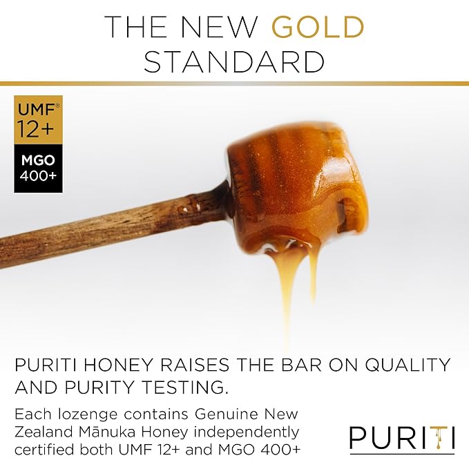 PURITI Premium Manuka Honey Lozenges High Potency - Sugar Free Drops | Genuine New Zealand Raw Manuka Honey Soothers for Coughs & Sore Throats | UMF Certified MGO 400+ UMF12+ (16 Pack)