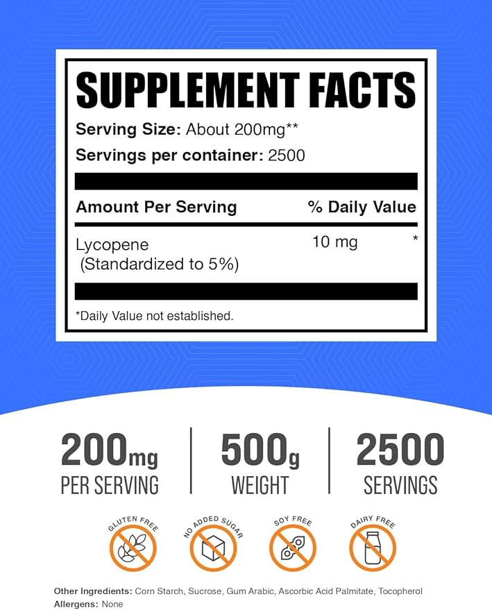 BulkSupplements.com Lycopene Powder - Lycopene Supplement, Lycopene 10mg - Antioxidants Supplement, Gluten Free, 200mg per Serving, 500g (1.1 lbs) (Pack of 1)