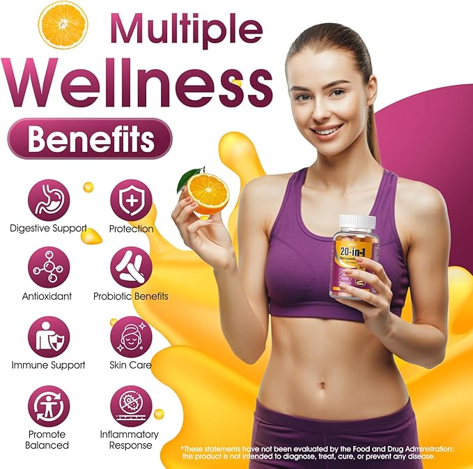 Fiber Supplement 20-in-1, 50 Billion CFU Probiotic Supplement, Fiber Gummies for Adults, Support for Gut & Digestive Health, 60-Count, Orange