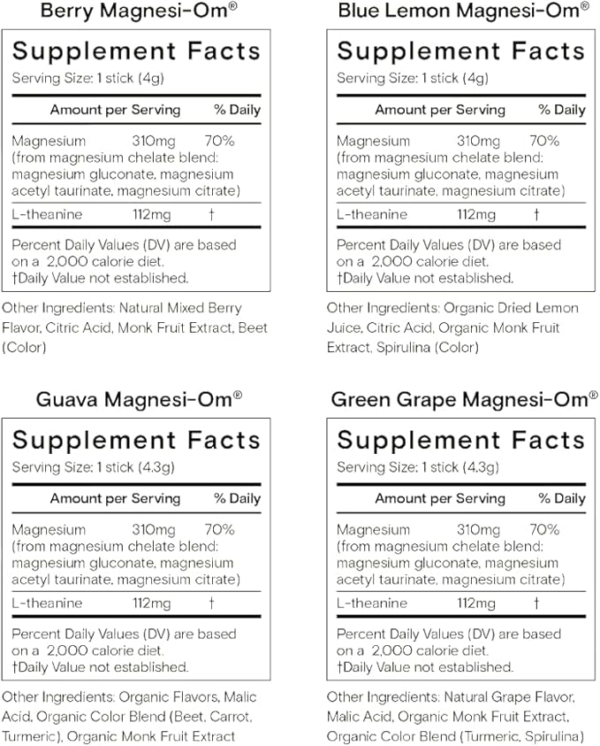 Moon Juice Tutti Frutti Magnesi-Om Variety Pack | Magnesium + L-Theanine | for Natural Calm + Regularity | Magnesium Citrate | Sugar Free | Guava, Green Grape, Blue Lemon, Berry | (24 Sticks)
