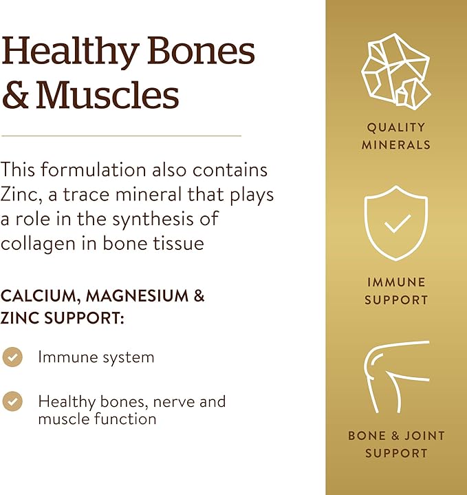 Solgar Calcium Magnesium Plus Zinc, 100 Tablets - Promotes Healthy Bones and Teeth - Supports Nerve & Muscle Function - Non-GMO, Vegan, Gluten Free, Dairy Free, Kosher - 33 Servings