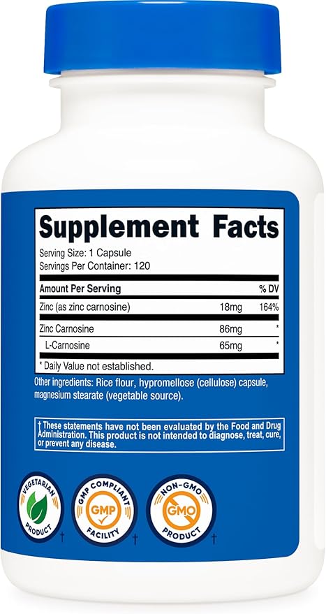 Nutricost Zinc Carnosine 86mg, 120 Capsules - Non-GMO, Gluten Free, Zinc L-Carnosine Supplement