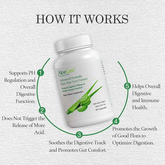 AloeCure Organic Aloe Vera Capsules, 160,000mg Inner Aloe Leaf Equivalent per Serving, Support Gut, Digestive, & Immune Health, Helps Maintain Balanced Stomach Acidity, Aloin Free, 60 Capsules