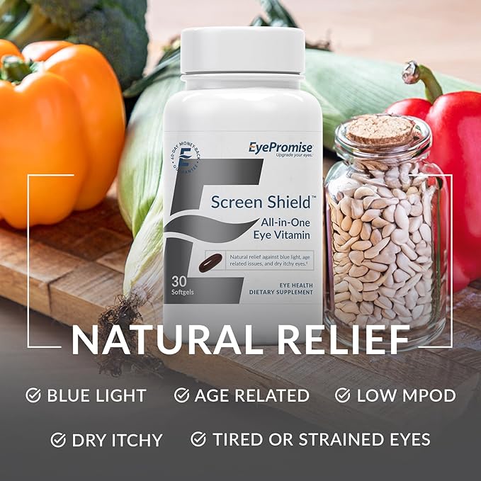 EyePromise Screen Shield All-in-One Eye Vitamin | Omega–3 Fish Oil, Bilberry, Lutein, Zeaxanthin, Vitamins A, C, B12, Zinc | 30 Count, Easy-Swallow Softgel Capsules