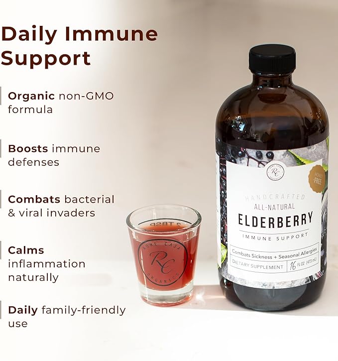 Rowe Casa Organics Honey-Free Elderberry Immune Support with Antioxidants, Zinc and Vitamin C – Kids and Adults Organic Elderberry Syrup for Immune Support, 16 Fl Oz