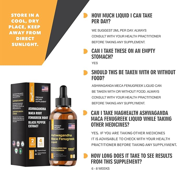 Maca Root Liquid Drops with Ashwagandha and Fenugreek - 60 Day Servings - Focus, Energy and Performance - Liquid Multivitamin for Women and Men - Adapto Drive, Vegan Drops