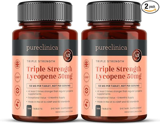 pureclinica 50mg Lycopene x 360 Tablets (2 Bottles of 180 Tablets Each - 12 Months Supply). Triple Strength Lycopene are 3 x Strength of Regular Tablets.
