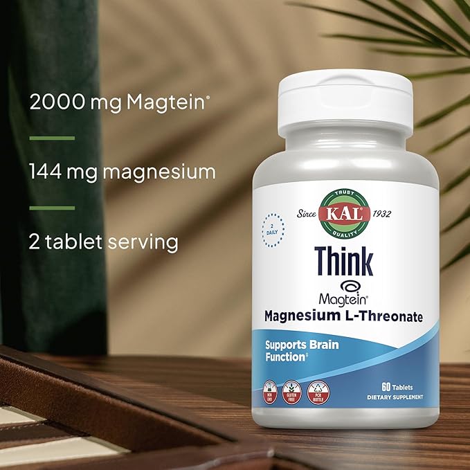 KAL Think Magnesium L-Threonate 2000 mg | Learning, Brain Health & Memory Function Support w/Magtein | Vegan, No Gluten & Non-GMO | 60 Tablets