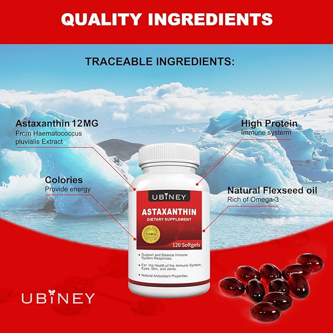 Premium Astaxanthin Supplements 12mg， Softgels 120 Servings, Supports Immune, Skin, Eye & Joint Health-Non-GMO, Gluten-Free, Microalgae Extract Supplement
