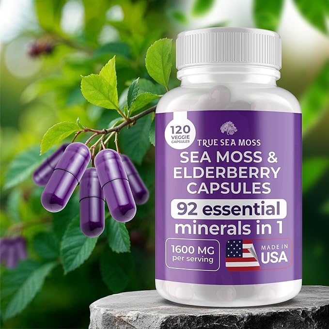 Irish Sea Moss Capsules - 120 Elderberry Capsules (1600mg) - Prebiotic Superfood - Boosts The Immune & Digestive System - Healthy Skin, Keto Detox, Gut, Joint Support