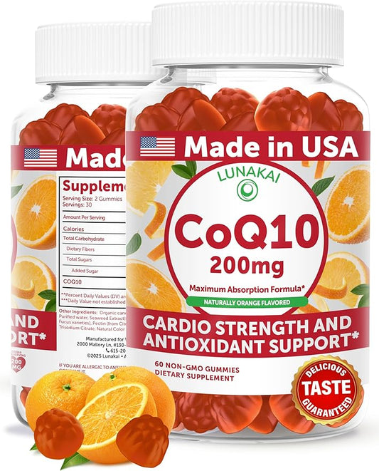 Lunakai USA Made CoQ10 Gummies for Adults 200mg – Coenzyme Q10 for Heart Health, Cellular Energy & Aging Support – Non-GMO, Vegan, 60ct