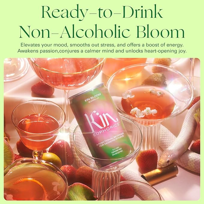 Kin Euphorics Kin Bloom Non-Alcoholic Functional Beverage | All day rosé | Elevate Your Mind & Spirit | Prebiotic | Strawberry, White Grape, Oak, Rosemary Citrus | 8 Fl Oz (24pk)