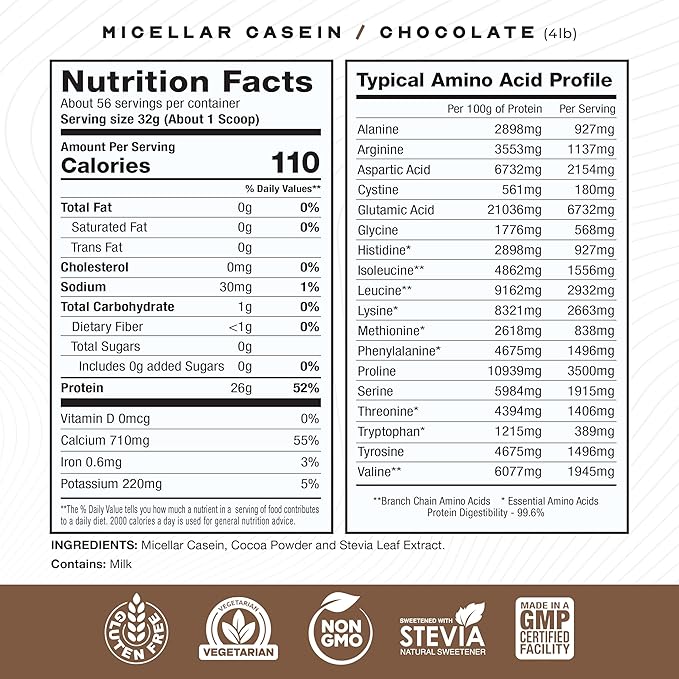 Muscle Feast Grass Fed Micellar Casein Protein Powder, Pasture Raised & Hormone Free, Slow Digesting Casein Protein - Supports Overnight Muscle Recovery, Gluten Free Protein Powder - Chocolate, 4lb