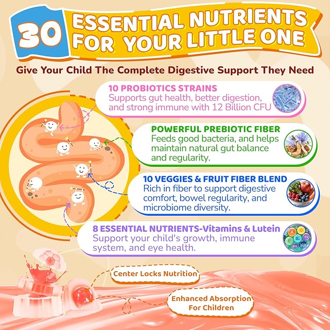 Probiotics for Kids Teen + Veggie & Fruit Fiber Gummies, with 12 Billion CFU Probiotic, Organic Inulin Prebiotics Fiber, Methyl B12 B6 C for Children's Digestive & Gut, Immune Health, Sugar Free,60Cts