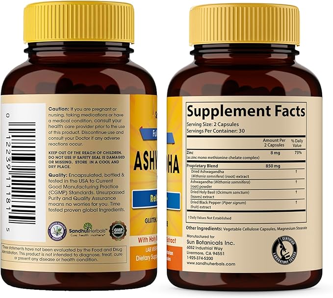 Sandhu Herbals Ashwagandha Supplement | 60 Organic 4 in 1 Capsules, 1 Month Supply | with Zinc, Black Pepper and Holy Basil Extract | Supports Immune Health | Non-GMO