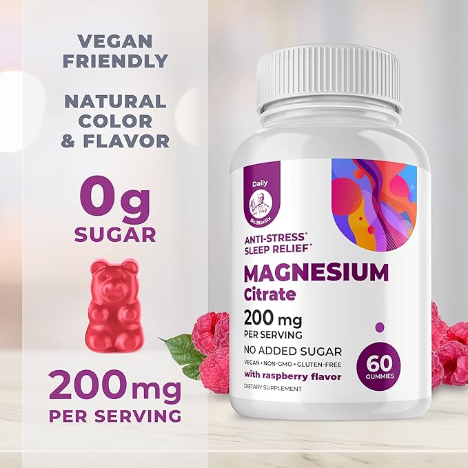 DR. MORITZ Magnesium Gummies for Adults - Sugar-Free Calm Magnesium Gummies - Supports a Healthy Stress Response - Raspberry Flavor - Non-GMO, 200 mg, 2 Pack (120 Count)
