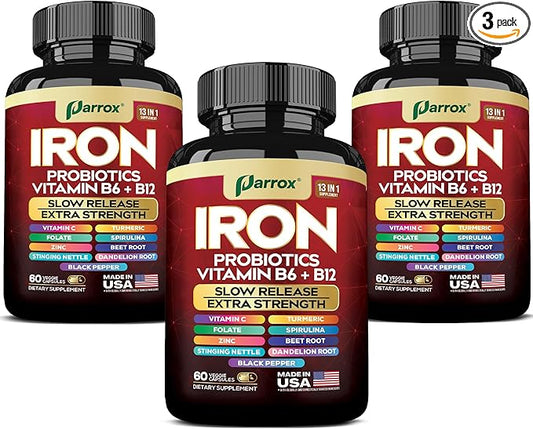 Iron Supplement with Slow Release Iron, Vitamin B6 25mg, B12 100mcg, C 50mg, Folate 1000mcg, Zinc 15mg, Probiotics, Spirulina, Turmeric, Beetroot, Nettle Leaf, Dandelion Root, 60 Vegan Capsules, 3Pack