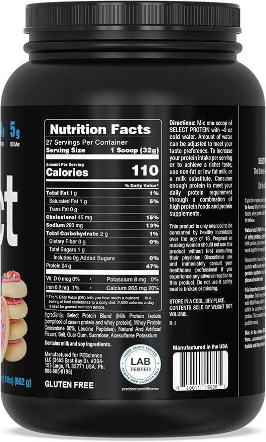 PEScience Select Protein Powder, Whey and Casein Blend, Clean Protein Powder for Women and Men, Low Calorie, Low Carb, Keto Friendly, Gluten Free - Frosted Sugar Cookie - 27 Servings