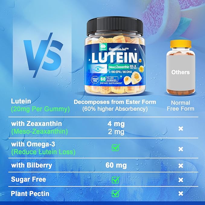 Sugar Free Lutein 20mg 40mg and Zeaxanthin Gummies for Eyes with Omega 3 (EPA 190mg & DHA 80mg), Lutein Supplements Eye Vitamins Filled Gummies Plus Bilberry, Goji Berry & Saffron, Vegan - 60 Count